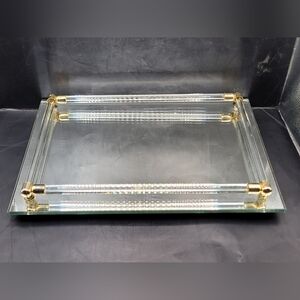 Vintage Glass Vanity Tray Brass Tone Rails Made in Hong Kong 11x8" SEE